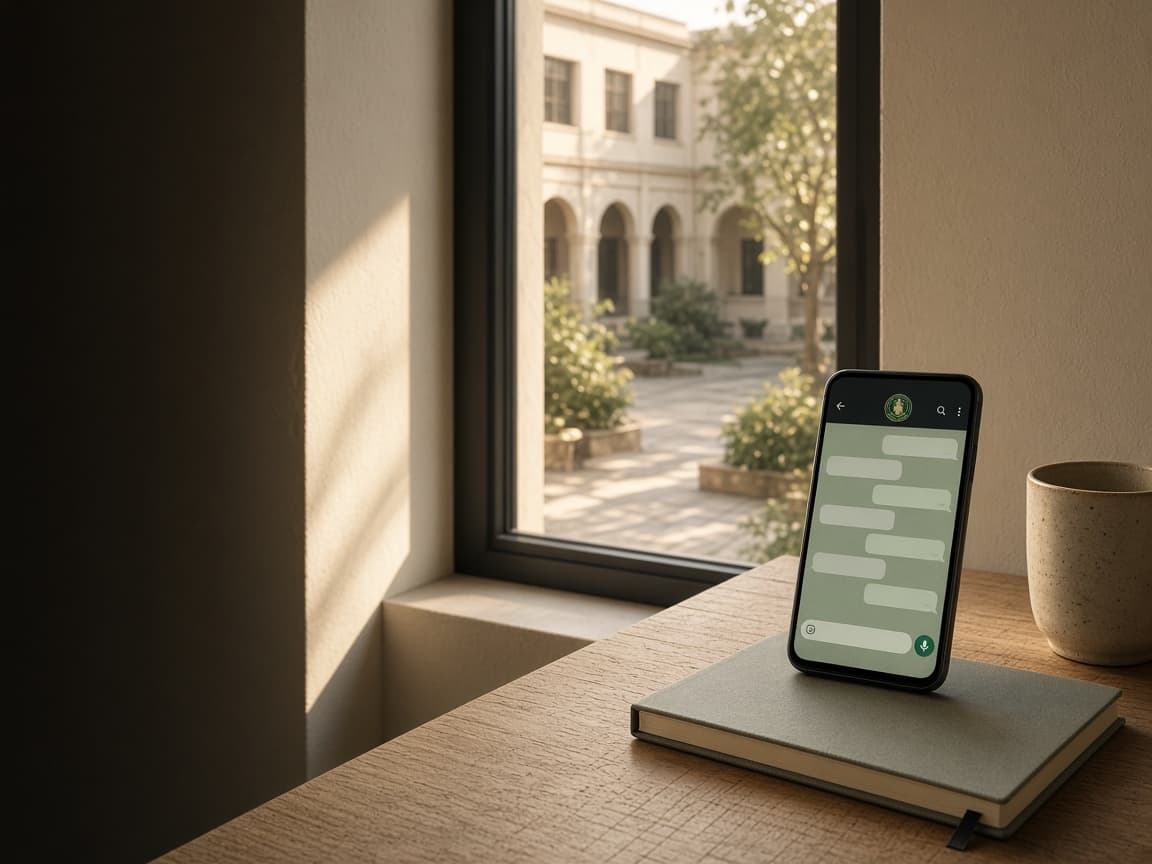 A school office desk looking out to campus, with one school conversation open on a phone