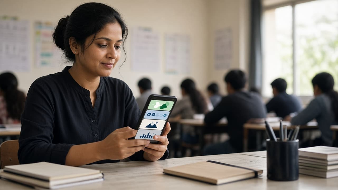 A teacher managing classroom work from a phone