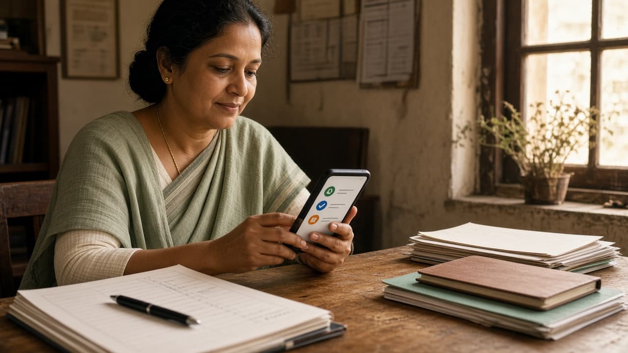A teacher using staff attendance and payroll on a phone